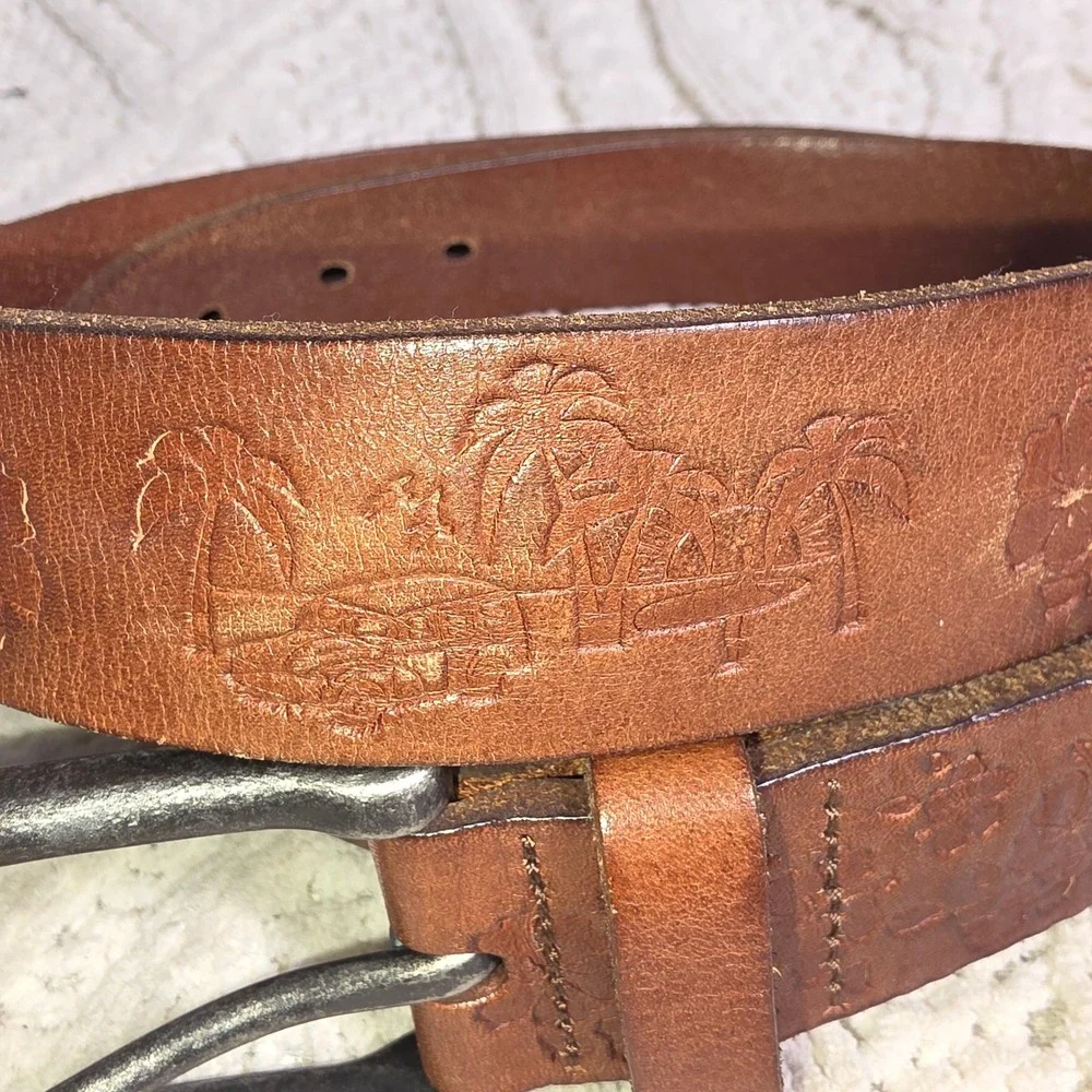 Brooks Brothers Belt Brown Embossed Leather Tropical Palm Tree Mens 34